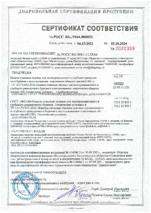 Сертификат соответствия канаты по ТУ 14-173-043-2016